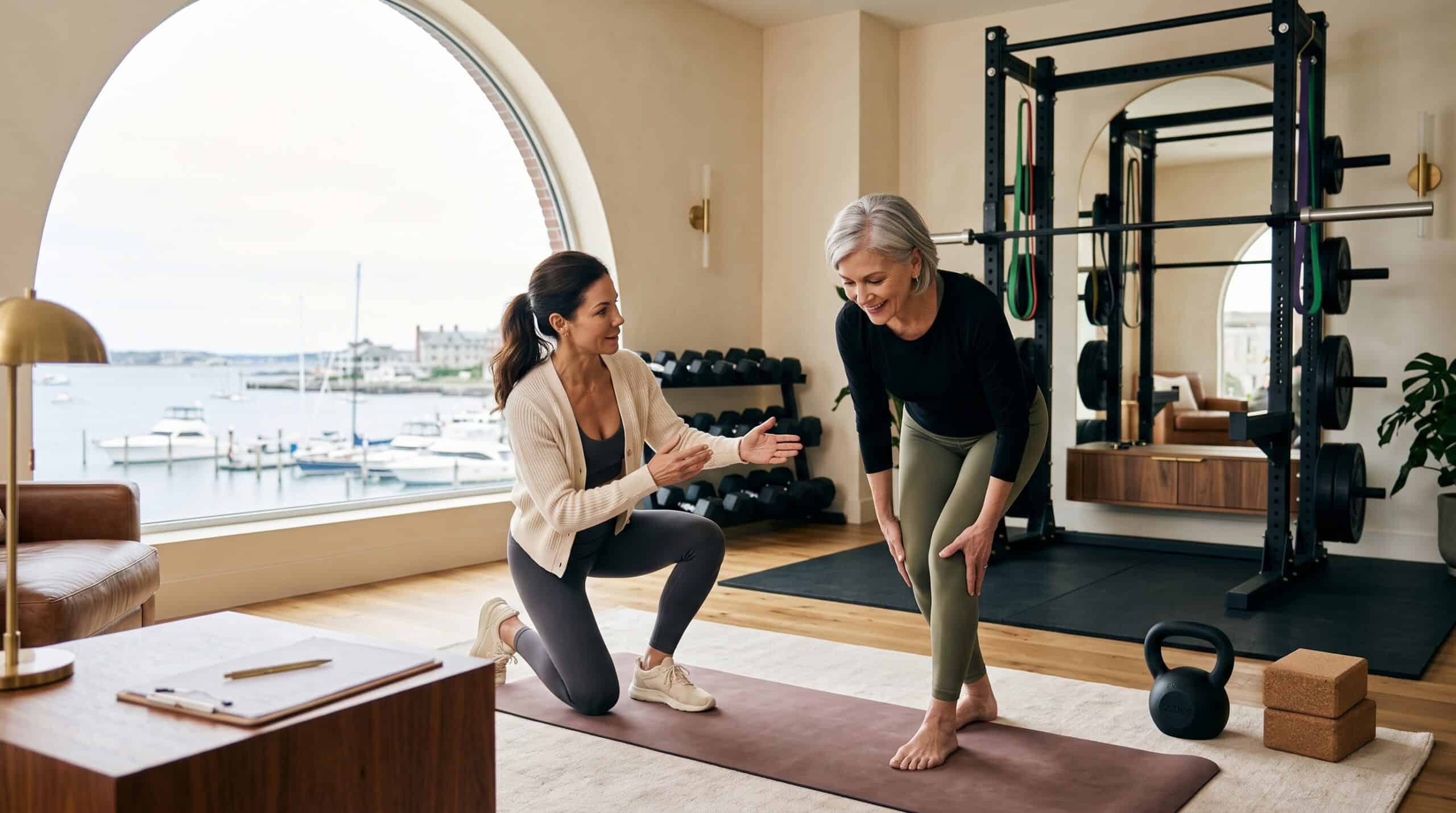 Personal trainer guiding a woman during a workout session at gym.