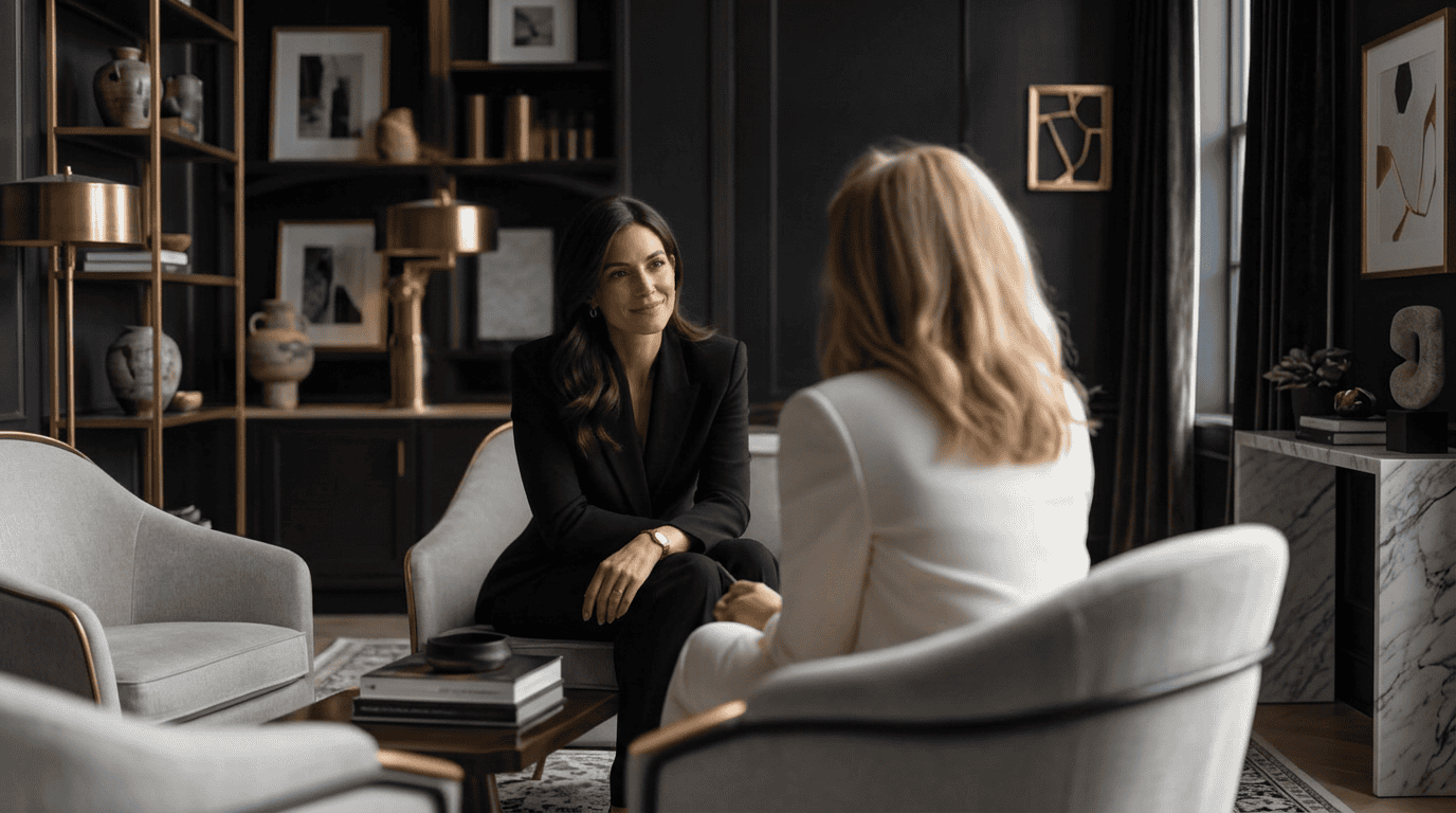 Business consultation session with two women in a modern office setting.