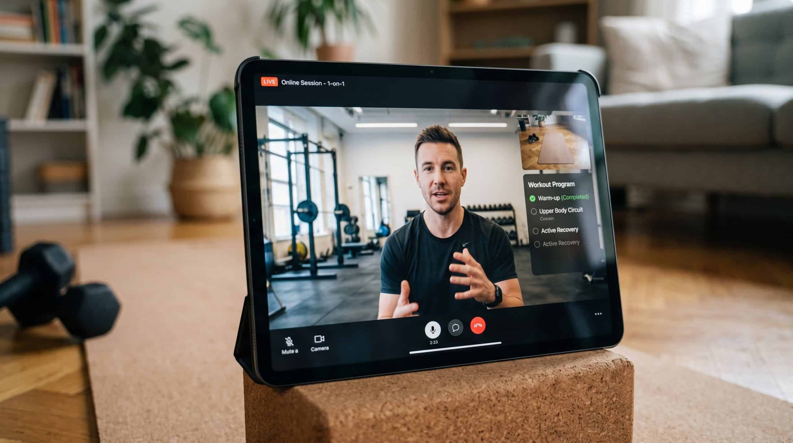 Online fitness coaching session with Marimar on tablet device.