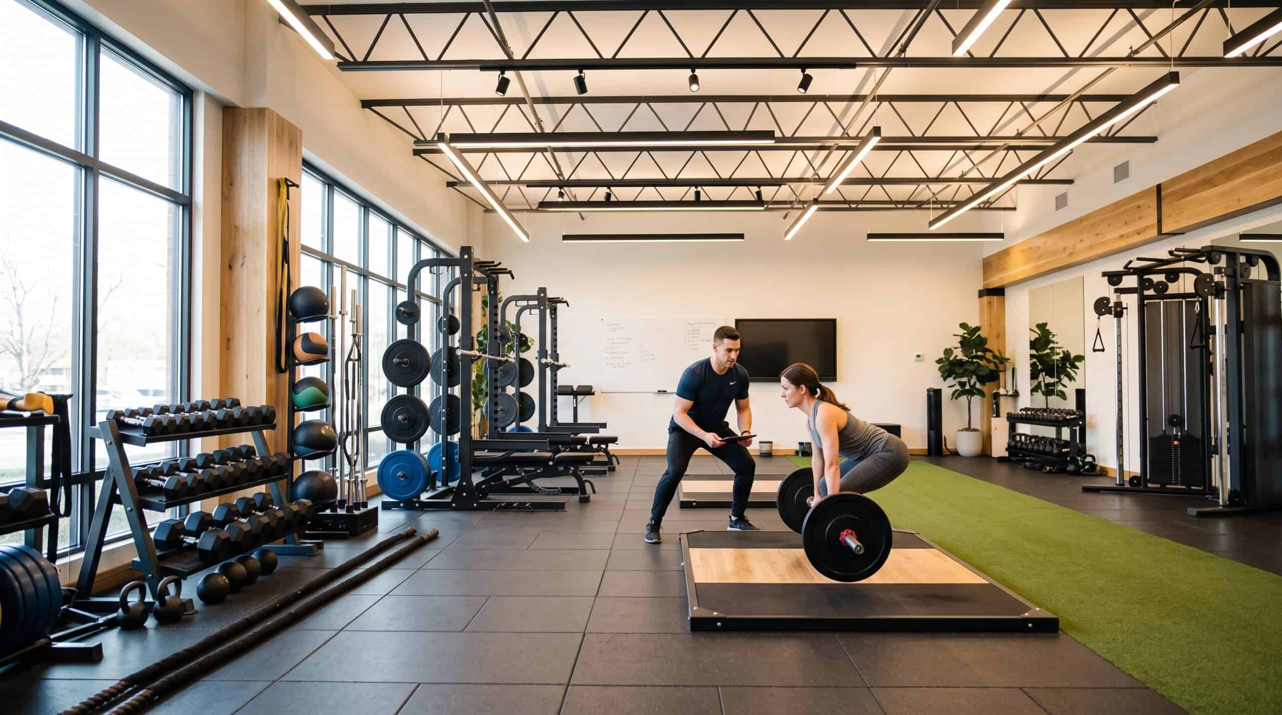 Modern gym with weightlifting equipment and personal trainer coaching.