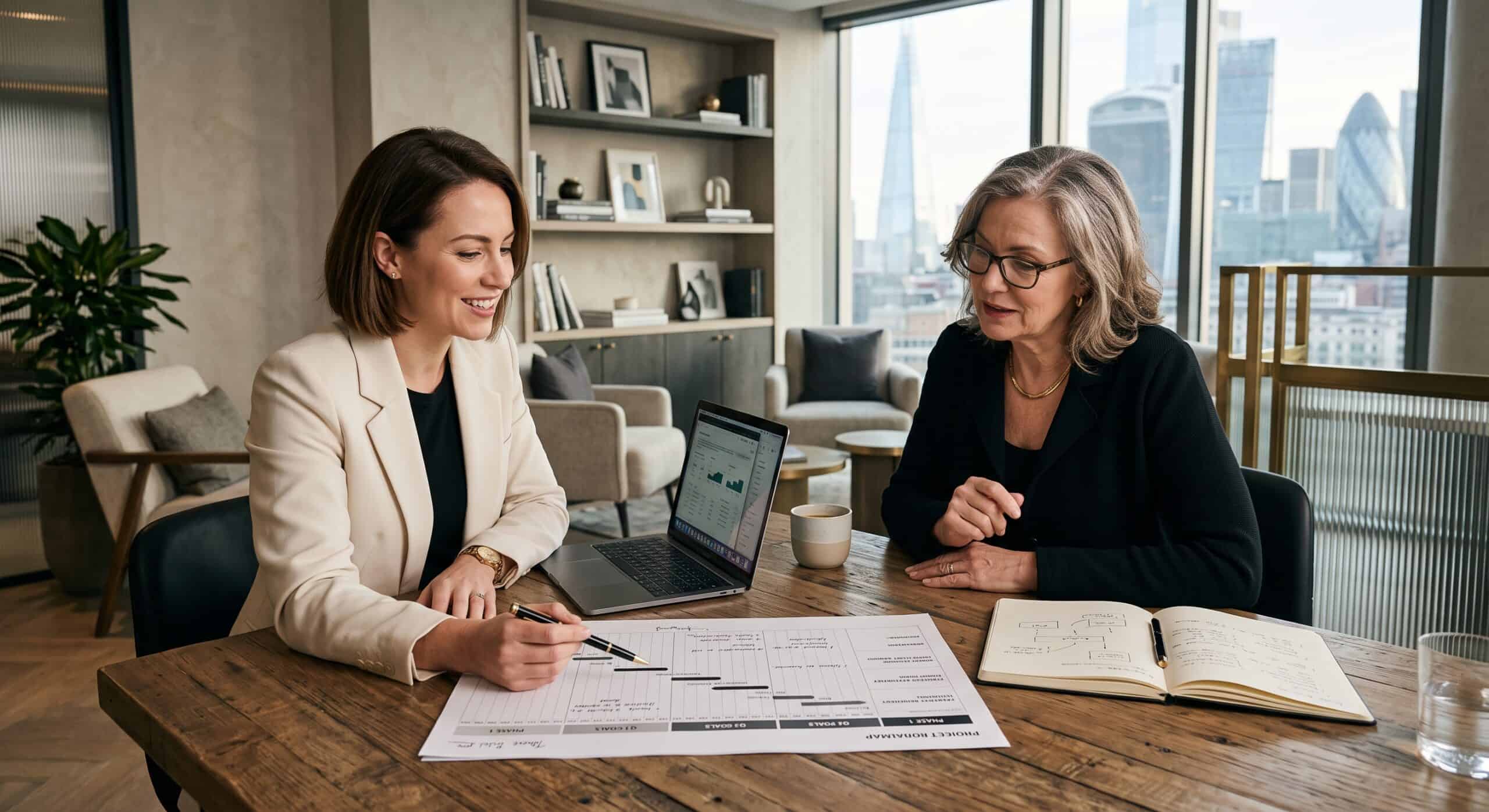 Two women discussing business plans at a modern office table.
