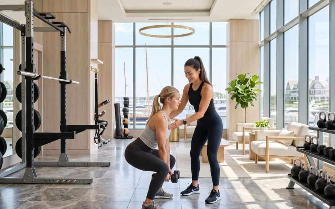 Personal trainer coaching woman during workout in modern gym.