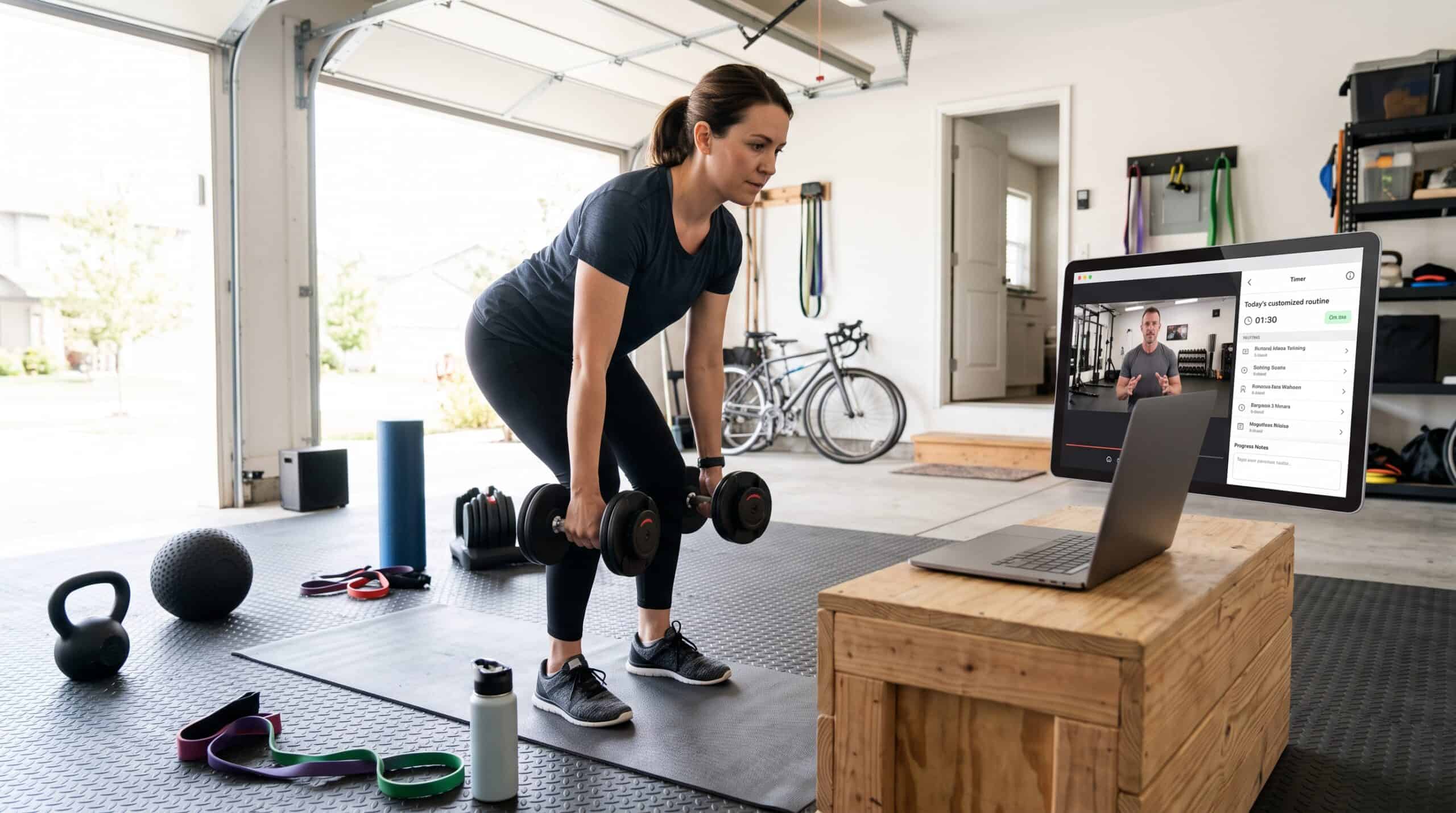 Woman doing online fitness workout with dumbbells at home gym.