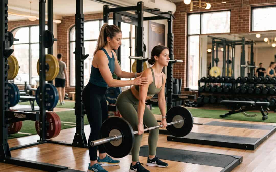 Personal trainer assisting woman with deadlift at gym in Rhode Island.