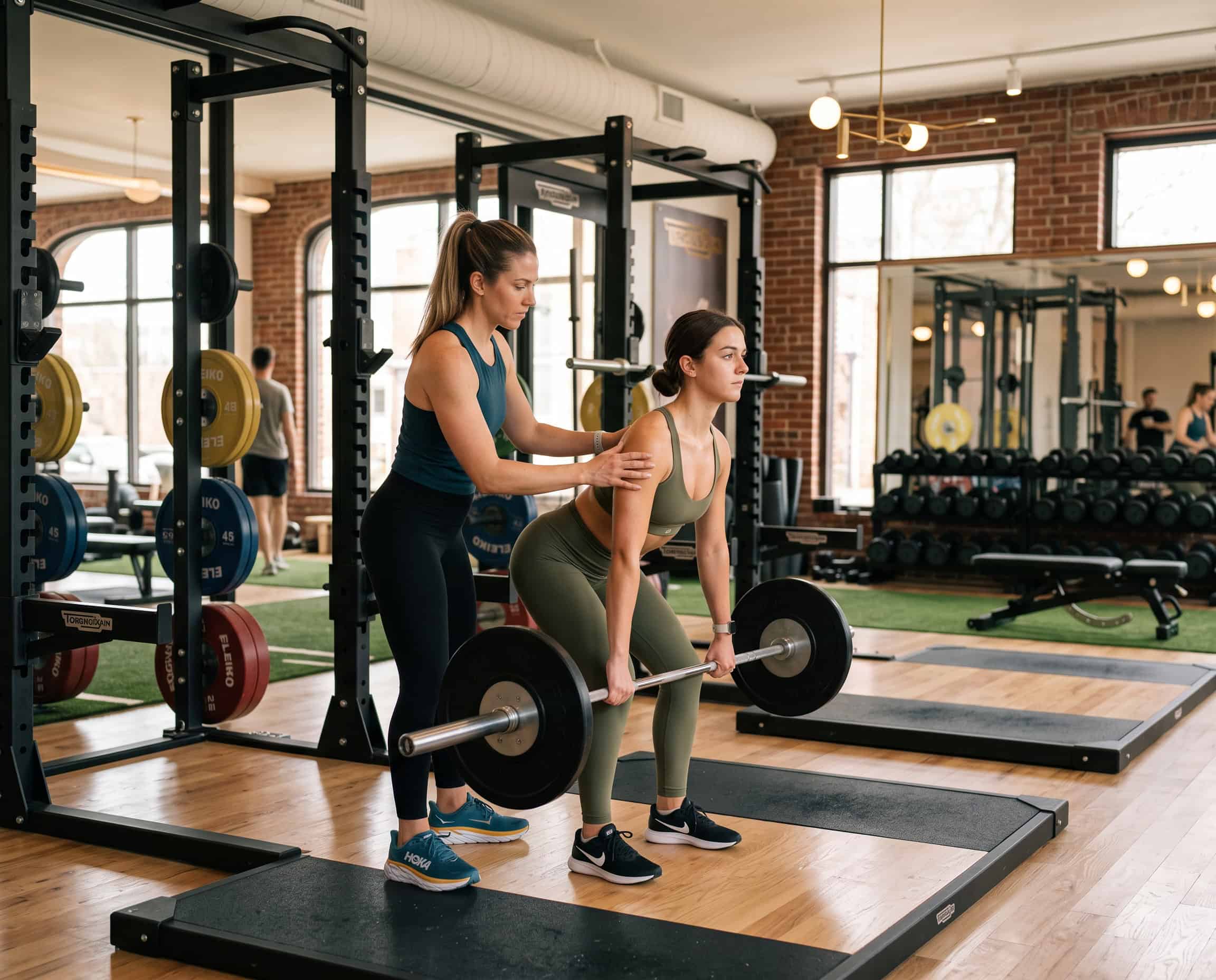 Personal trainer assisting woman with deadlift at gym in Rhode Island.