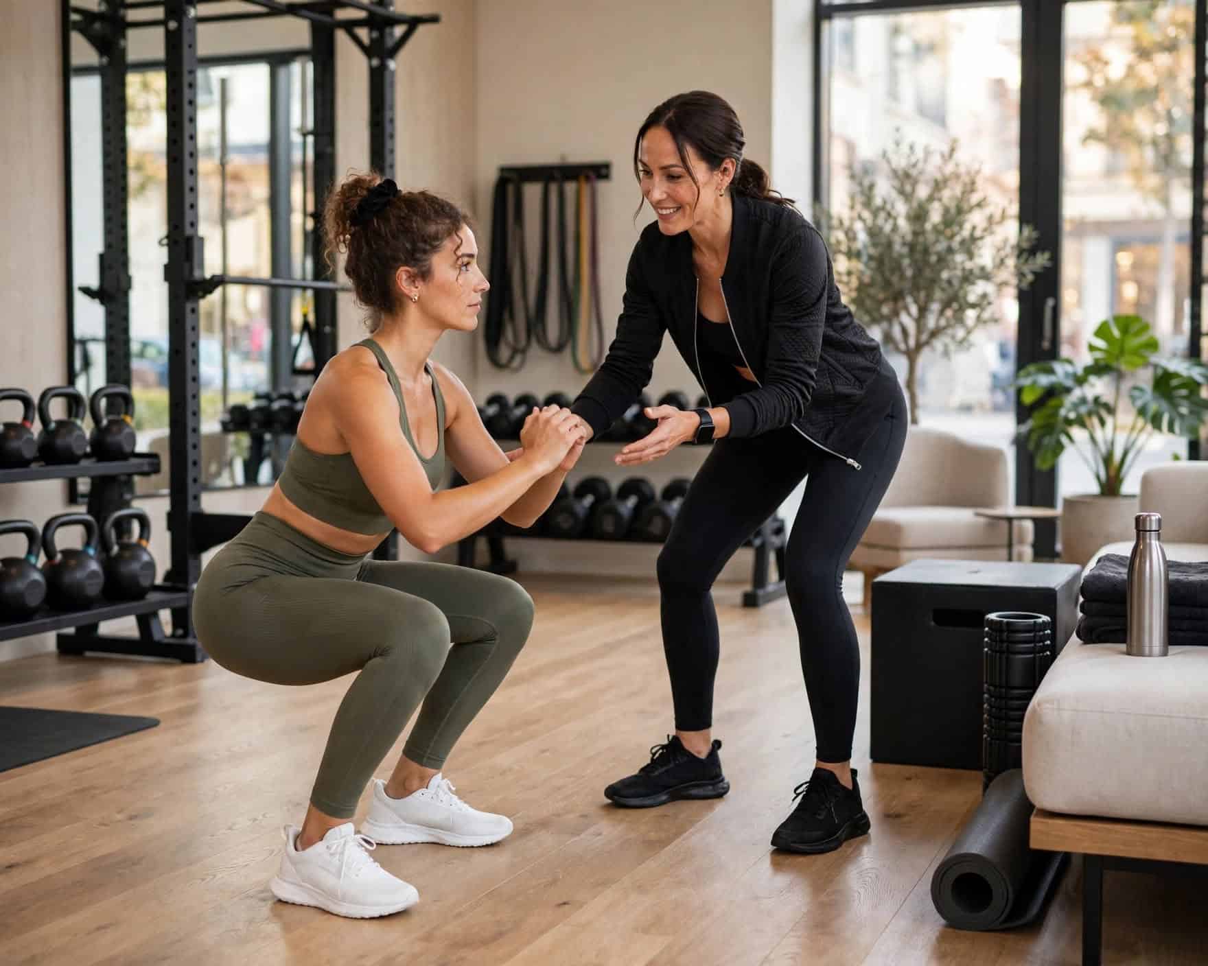 Personal trainer assisting client during squat exercise at gym.