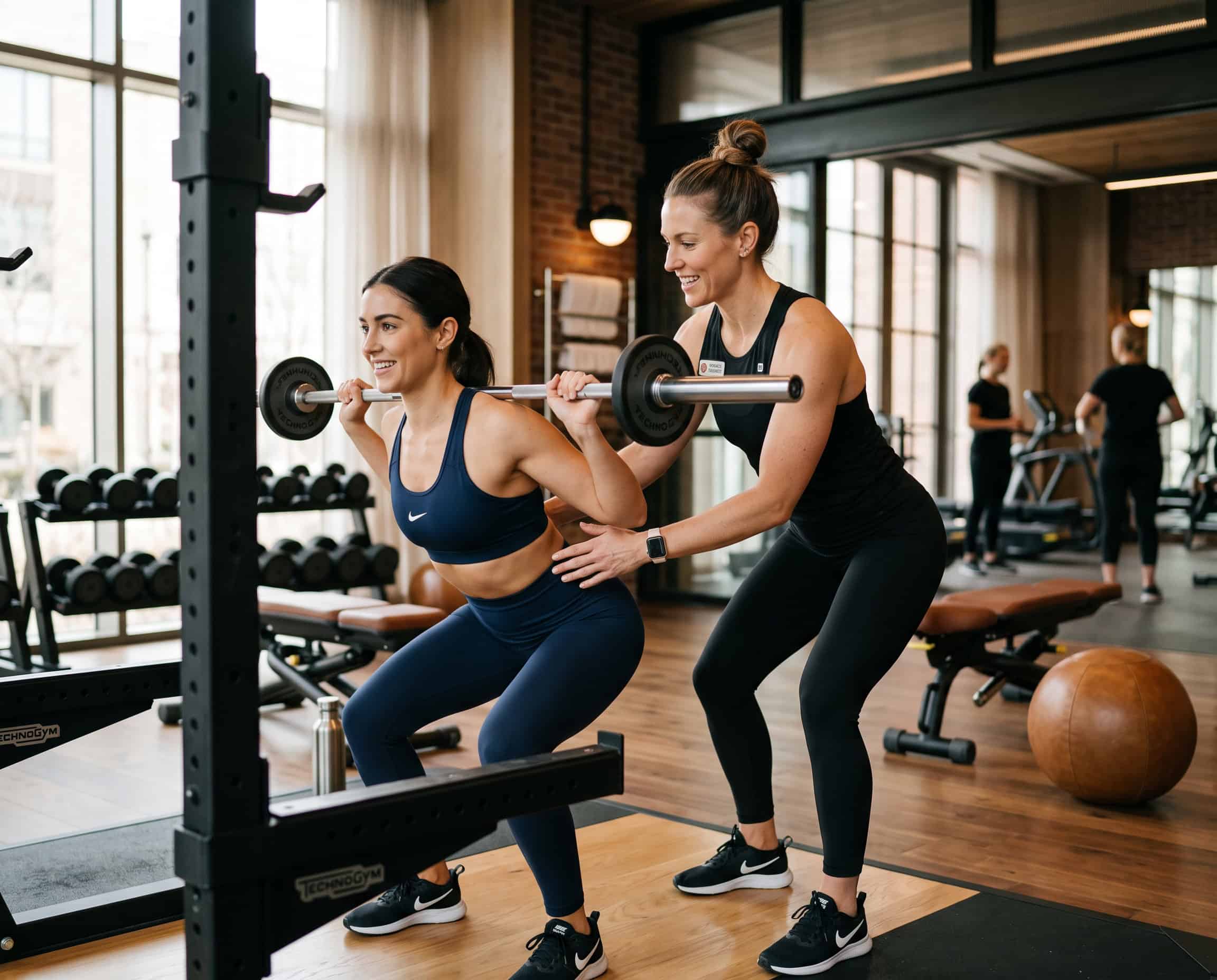 Women performing squat exercise with barbell in gym setting.